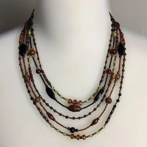 Vintage Beaded Necklace 1990s Layered Five Strands Brown Black w/ Lobster Clasp - Picture 3 of 8
